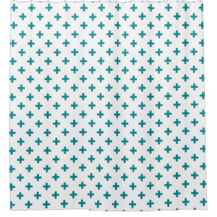 Teal polka crosses on white shower curtain