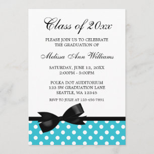 Teal Polka Dot Black Bow Graduation Announcement
