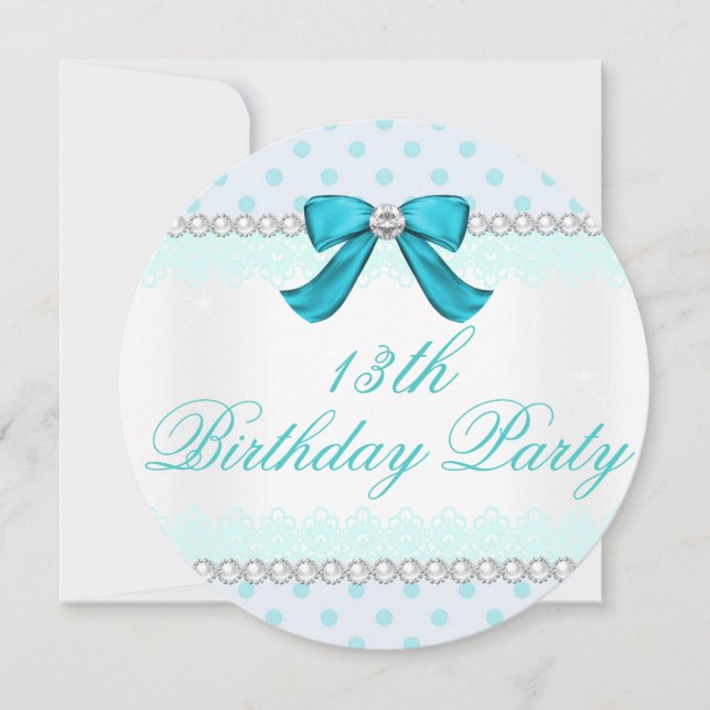 Teal polka dot, Girls 13th birthday party Invitation (Front)