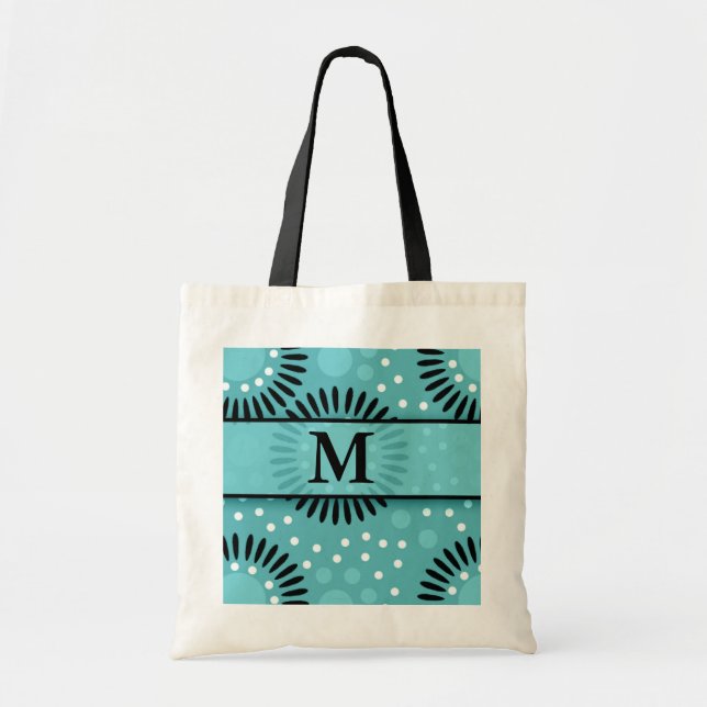 Teal Polka Dots Floral Monogrammed Tote Bags (Front)
