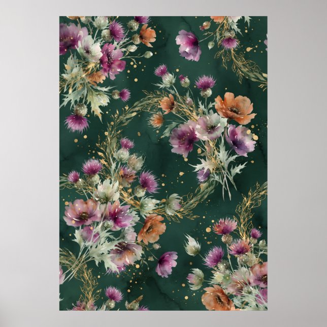 Teal Poppy Thistle Wildflower Pattern Poster (Front)