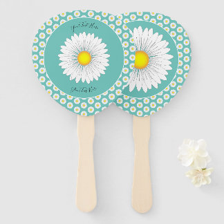 Teal Pretty Little Daisy Custom Paddle Shaped Hand Fan