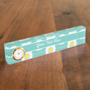 Teal Pretty Little Daisy Desk Nameplate with Clock