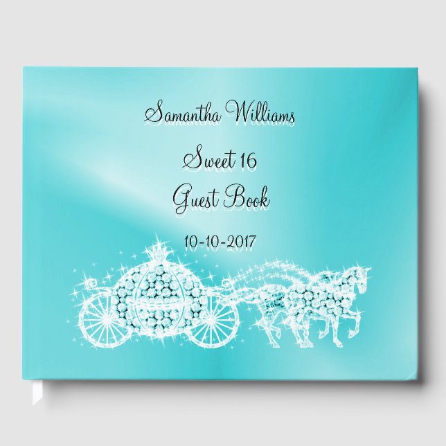 Teal Princess Coach & Horses Sweet 16 Guest Book (Front)
