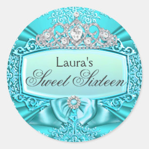 Teal Princess Tiara & Damask Sweet 16 Sticker