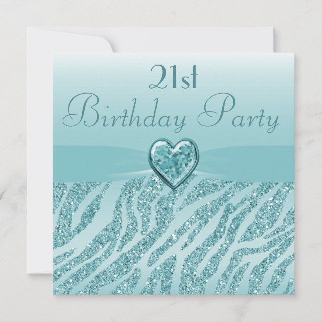 Teal Printed Heart & Zebra Glitter 21st Birthday Invitation (Front)