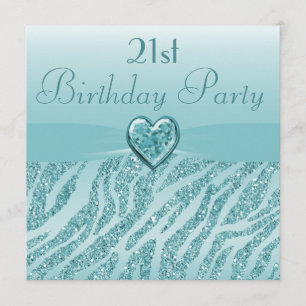 Teal Printed Heart & Zebra Glitter 21st Birthday Invitation