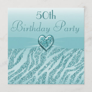 Teal Printed Heart & Zebra Glitter 50th Birthday Invitation