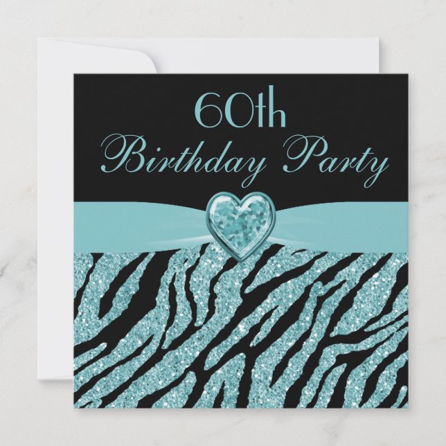 Teal Printed Heart & Zebra Glitter 60th Birthday Invitation (Front)