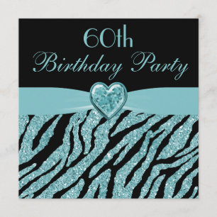 Teal Printed Heart & Zebra Glitter 60th Birthday Invitation