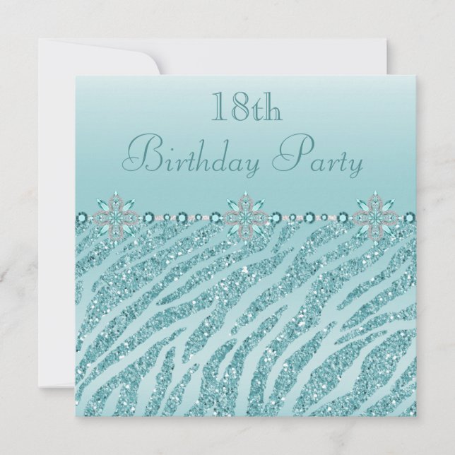 Teal Printed Jewels & Zebra Glitter 18th Birthday Invitation (Front)