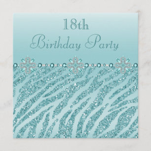 Teal Printed Jewels & Zebra Glitter 18th Birthday Invitation