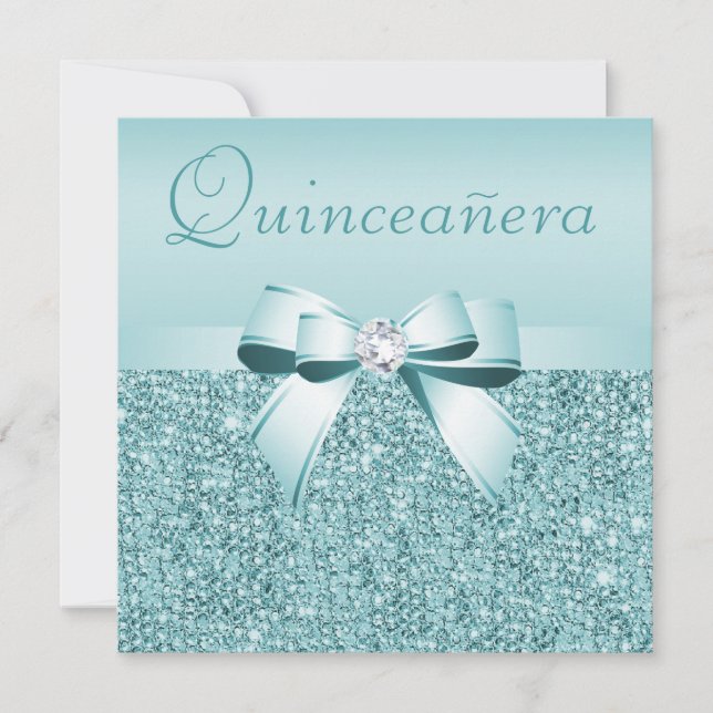 Teal Printed Sequins & Bow Quinceanera Invitation (Front)
