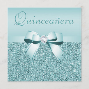 Teal Printed Sequins & Bow Quinceanera Invitation