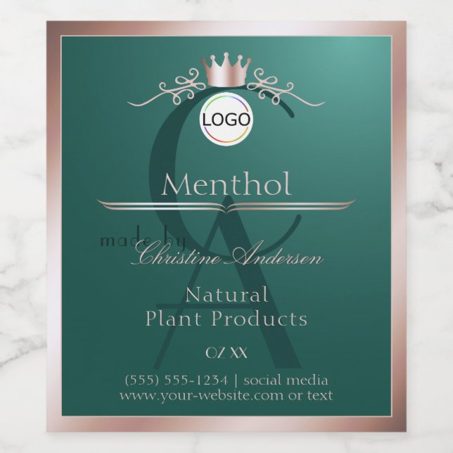 Teal Product Label Rose Gold Frame Logo Monogram (Single Label)