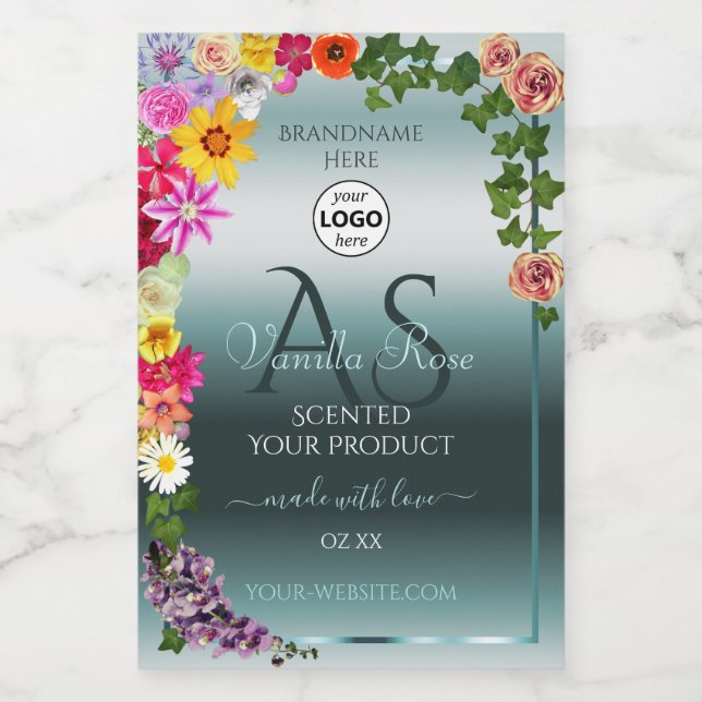 Teal Product Labels Colourful Flowers Initials Log (Single Label)