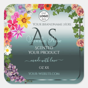 Teal Product Labels Colourful Flowers Initials Log