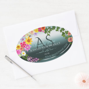 Teal Product Labels Colourful Flowers with Initial