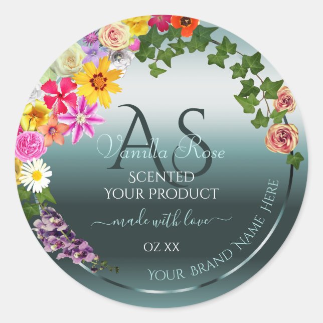 Teal Product Labels Colourful Flowers with Initial (Front)