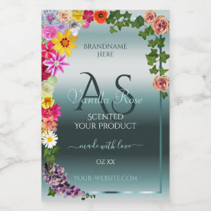 Teal Product Labels Colourful Flowers with Initial