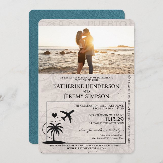 Teal Puerto Rico Passport Wedding Invitation (Front/Back)