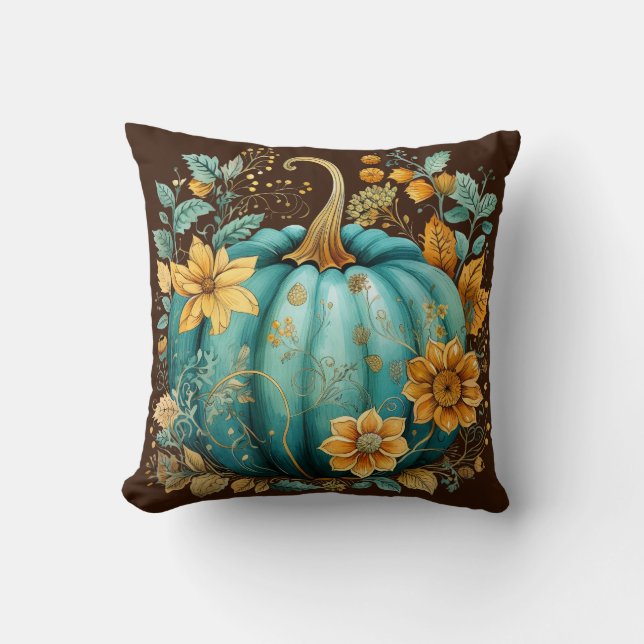 Teal Pumpkin Autumn Boho Fall Brown Cushion (Front)