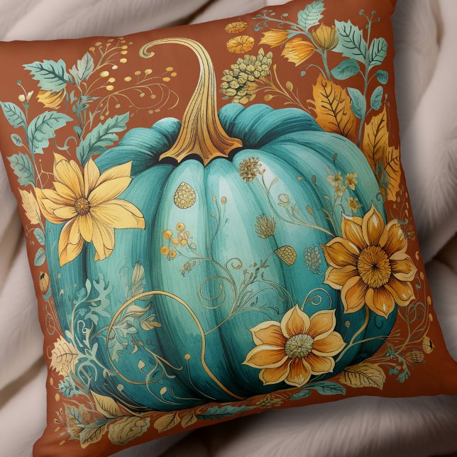 Teal Pumpkin Autumn Boho Fall Caramel Cushion (Teal Pumpkin Autumn Boho Fall Caramel Throw Pillow)