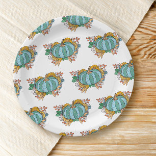 Teal Pumpkin Fall Floral Pattern Paper Plate