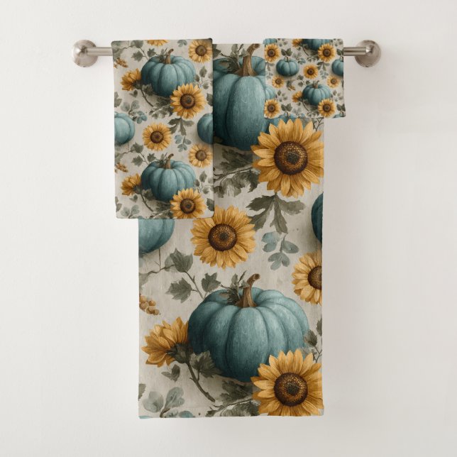 Teal Pumpkins and Golden Sunflowers Bath Towel Set (Insitu)