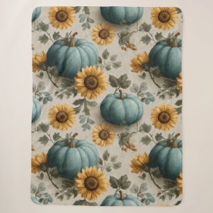 Teal Pumpkins and Golden Sunflowers Sherpa Blanket