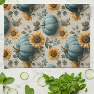 Teal Pumpkins and Golden Sunflowers Tea Towel