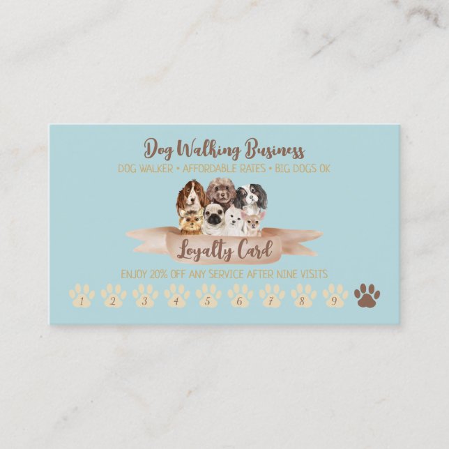 Teal Punch Dog Walker Loyalty Discount Paw Business Card (Front)