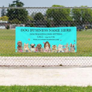 Teal Puppies on Floral Botanical Dog Groomer Banner