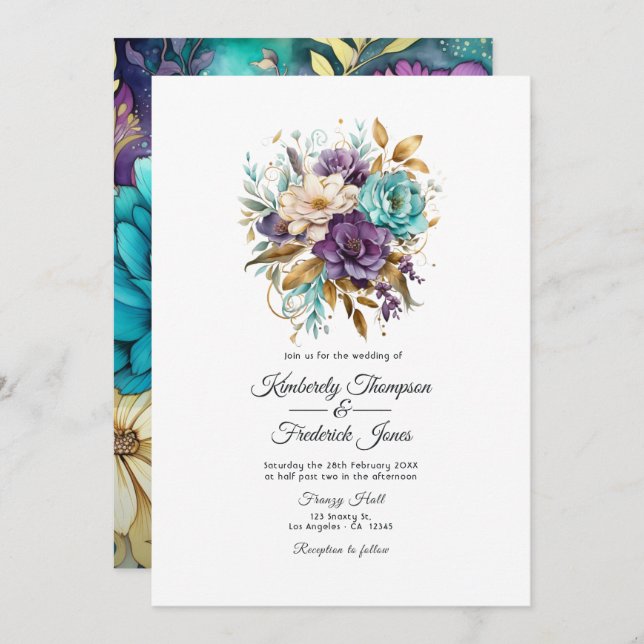 Teal, Purple, and Gold Floral Wedding Invitation (Front/Back)