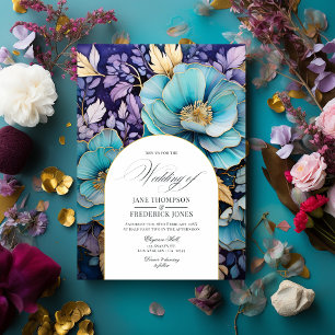 Teal, Purple, and Gold Floral Wedding Invitation