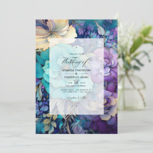 Teal, Purple, and Gold Floral Wedding Invitation
