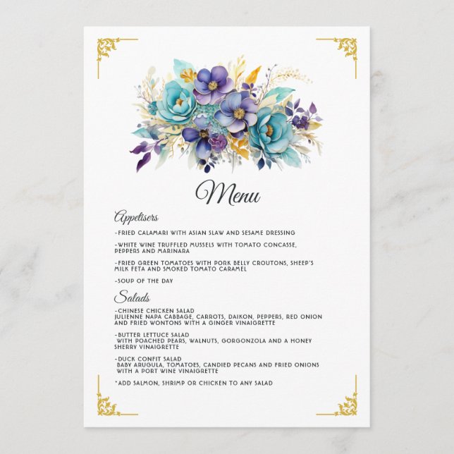 Teal, Purple, and Gold Floral Wedding Menu (Front)