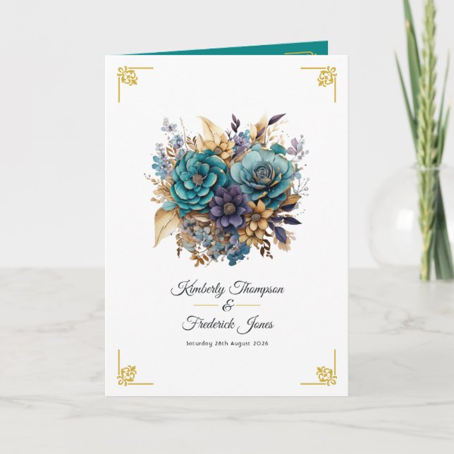Teal, Purple, and Gold Floral Wedding Program (Front)