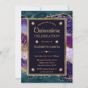 Teal, Purple and Gold Glitter Agate Quinceanera Invitation