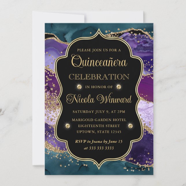 Teal, Purple and Gold Glitter Agate Quinceanera Invitation (Front)