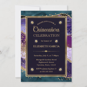Teal, Purple and Gold Glitter Agate Quinceanera Invitation