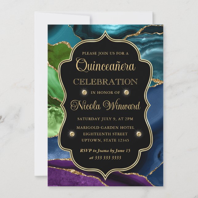 Teal, Purple and Gold Glitter Agate Quinceanera Invitation (Front)