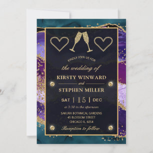 Teal, Purple and Gold Peacock Agate Wedding Invitation