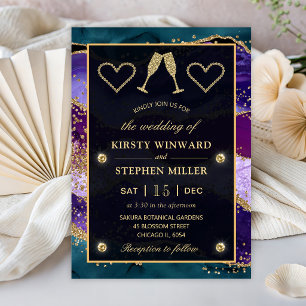Teal, Purple and Gold Peacock Agate Wedding Invitation