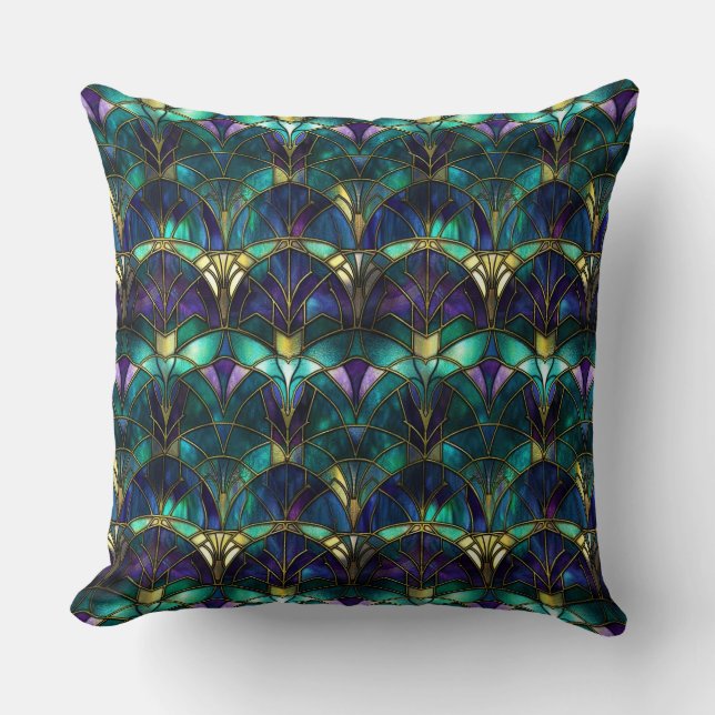 Teal, Purple and Gold Peacock Stained Glass Cushion (Front)