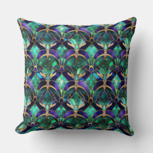 Teal, Purple and Gold Peacock Stained Glass Cushion