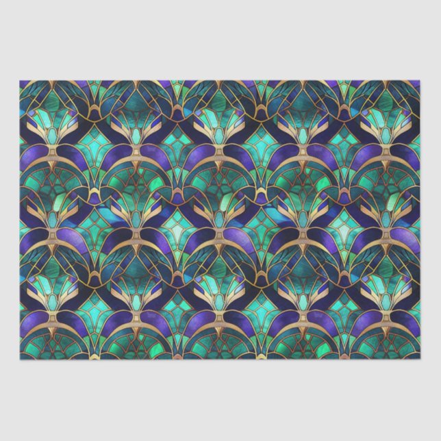 Teal, Purple and Gold Peacock Stained Glass Tissue Paper (Front)