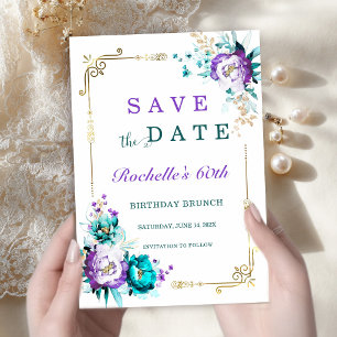 Teal Purple and Gold Save the Date Modern Elegant Invitation