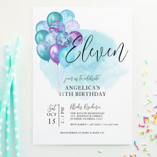 Teal Purple Balloons 11th Birthday Invitation