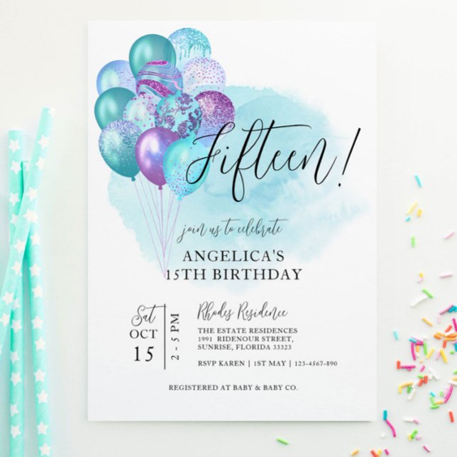 Teal Purple Balloons 15th Birthday Invitation (Creator Uploaded)